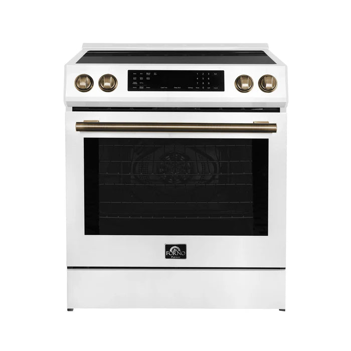 FORNO 30” Induction range with knob control in White color, with 2 sets of knobs and 2 sets of handles: Stainless Steel and Antique Brass FFSIN0982-30WHT