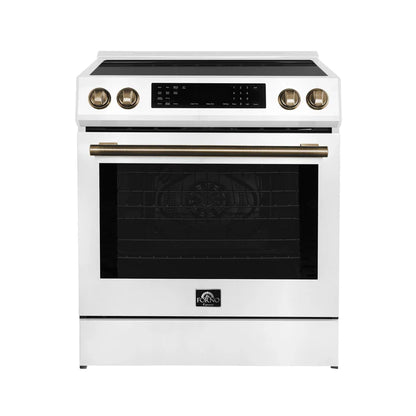 FORNO 30” Induction range with knob control in White color, with 2 sets of knobs and 2 sets of handles: Stainless Steel and Antique Brass FFSIN0982-30WHT