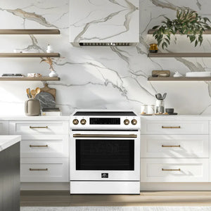 FORNO 30” Induction range with knob control in White color, with 2 sets of knobs and 2 sets of handles: Stainless Steel and Antique Brass FFSIN0982-30WHT