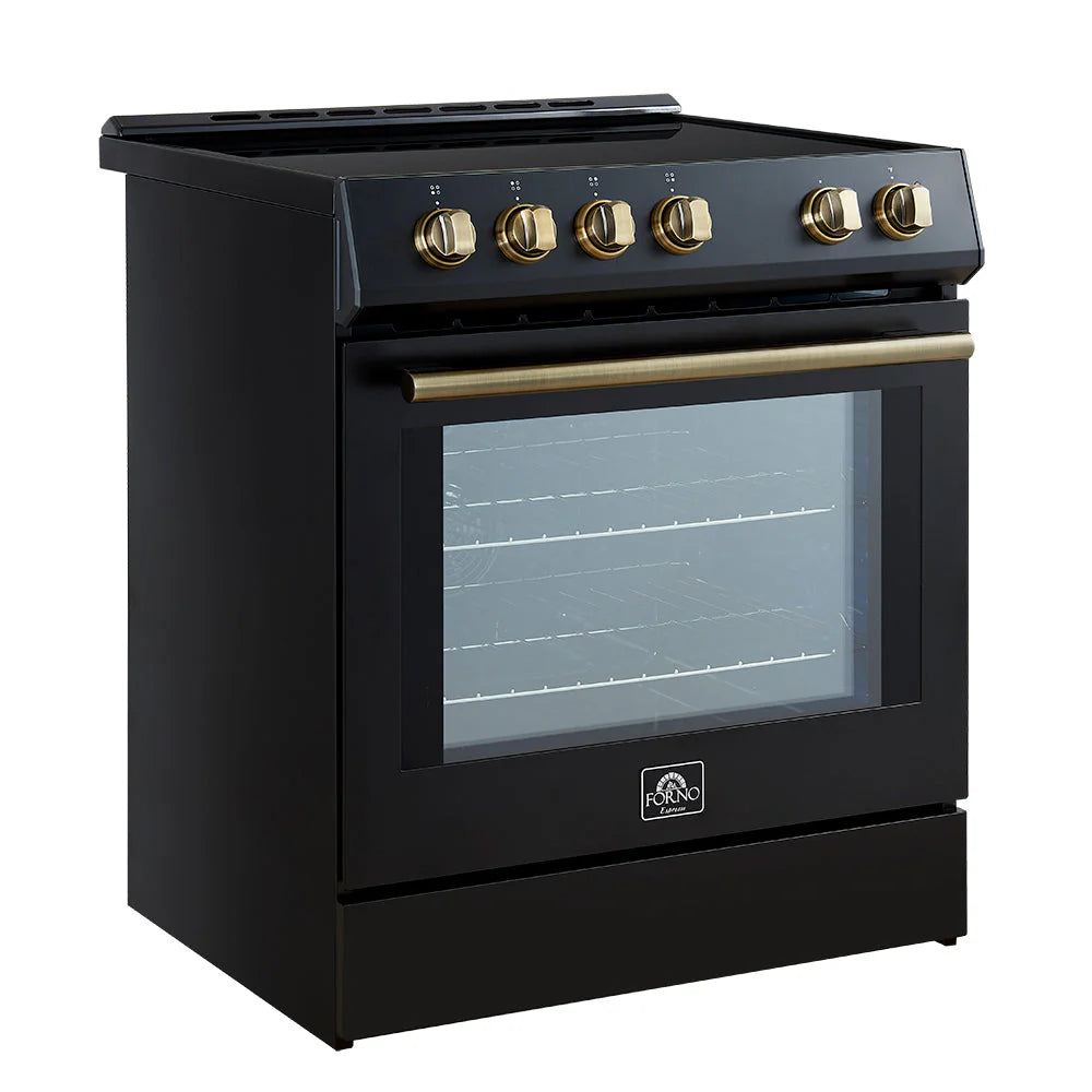 FORNO 30” Induction range with knob control in Black color, with 2 sets of knobs and 2 sets of handles: Stainless Steel and Antique Brass FFSIN0982-30BLK