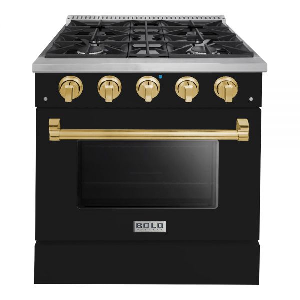 Hallman Bold Series 30" Dual Fuel Freestanding Range in Glossy Black with Brass Trim SKU HBRDF30BSGB