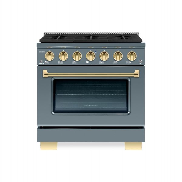 Hallman Bold Series 30" Dual Fuel Freestanding Range in Blue Grey with Brass Trim SKU HBRDF30BSGR