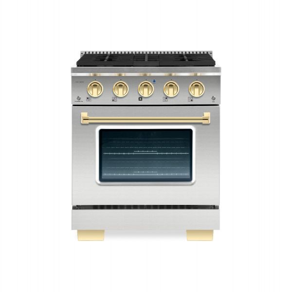 Hallman Bold Series 30" Dual Fuel Freestanding Range in Stainless Steel with Brass Trim SKU HBRDF30BSSS