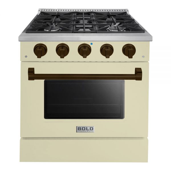 Hallman Bold Series 30" Dual Fuel Freestanding Range in Antique White with Bronze Trim SKU HBRDF30BZAW