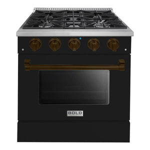 Hallman Bold Series 30" Dual Fuel Freestanding Range in Glossy Black with Bronze Trim SKU HBRDF30BZGB