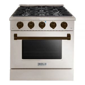 Hallman Bold Series 30" Dual Fuel Freestanding Range in Stainless Steel with Bronze Trim SKU HBRDF30BZSS