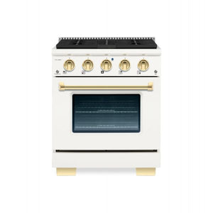 Hallman Bold Series 30" Gas Freestanding Range in White with Brass Trim SKU HBRG30BSWT