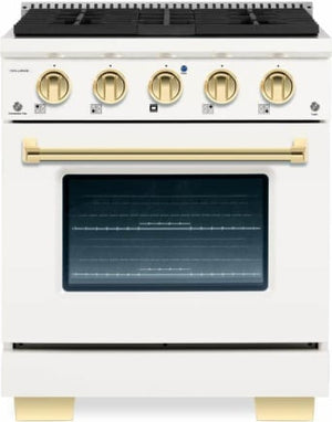 Hallman Bold Series 30" Dual Fuel Freestanding Range in White with Brass Trim SKU HBRDF30BSWT